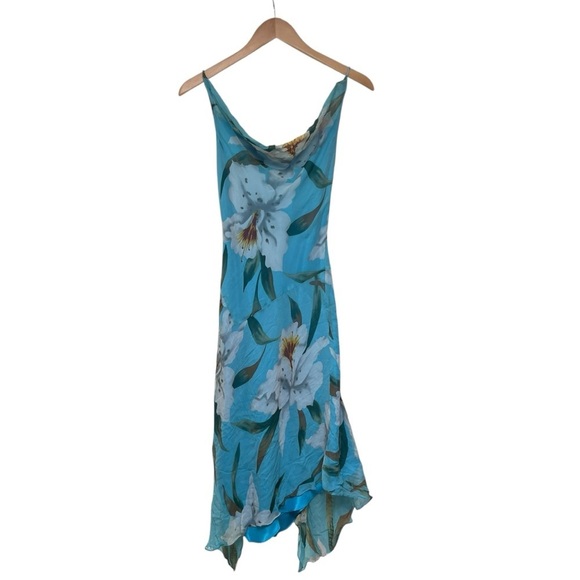 Vintage y2k Laundry by Shelli Segal Silk Blue Floral Asymmetrical Midi Dress 2 - Picture 2 of 11
